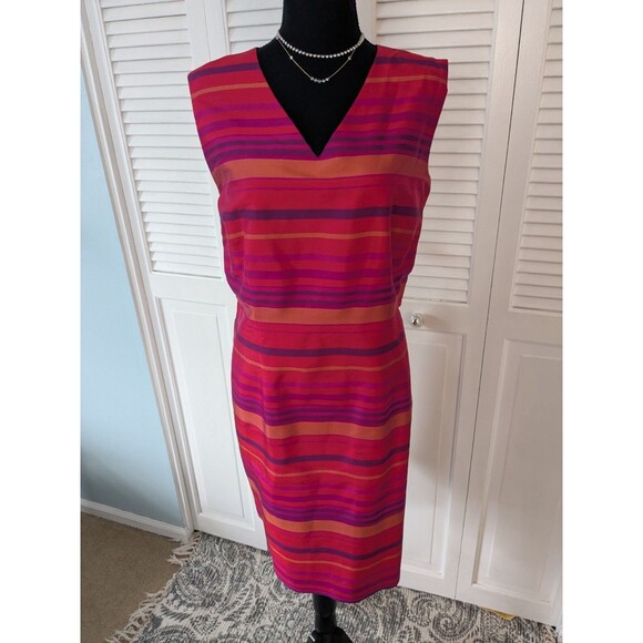 Jillian Jones Vtg Dress Women 16 Orange PurplePink 100% Silk Stripe Sheath Sleek - Picture 1 of 14